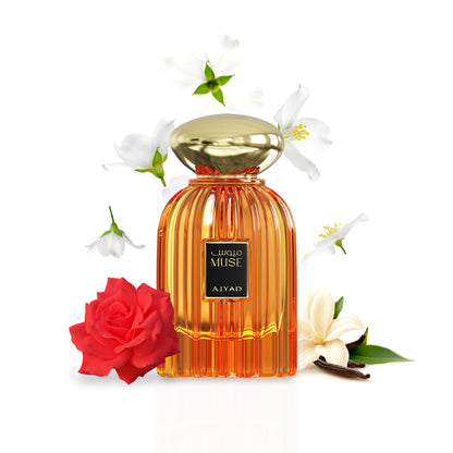 Ajyad Muse perfume bottle with rose, jasmine and vanilla styling