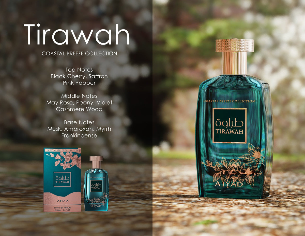 Ajyad Tirawah Coastal Breeze Collection fragrance notes and perfume bottle