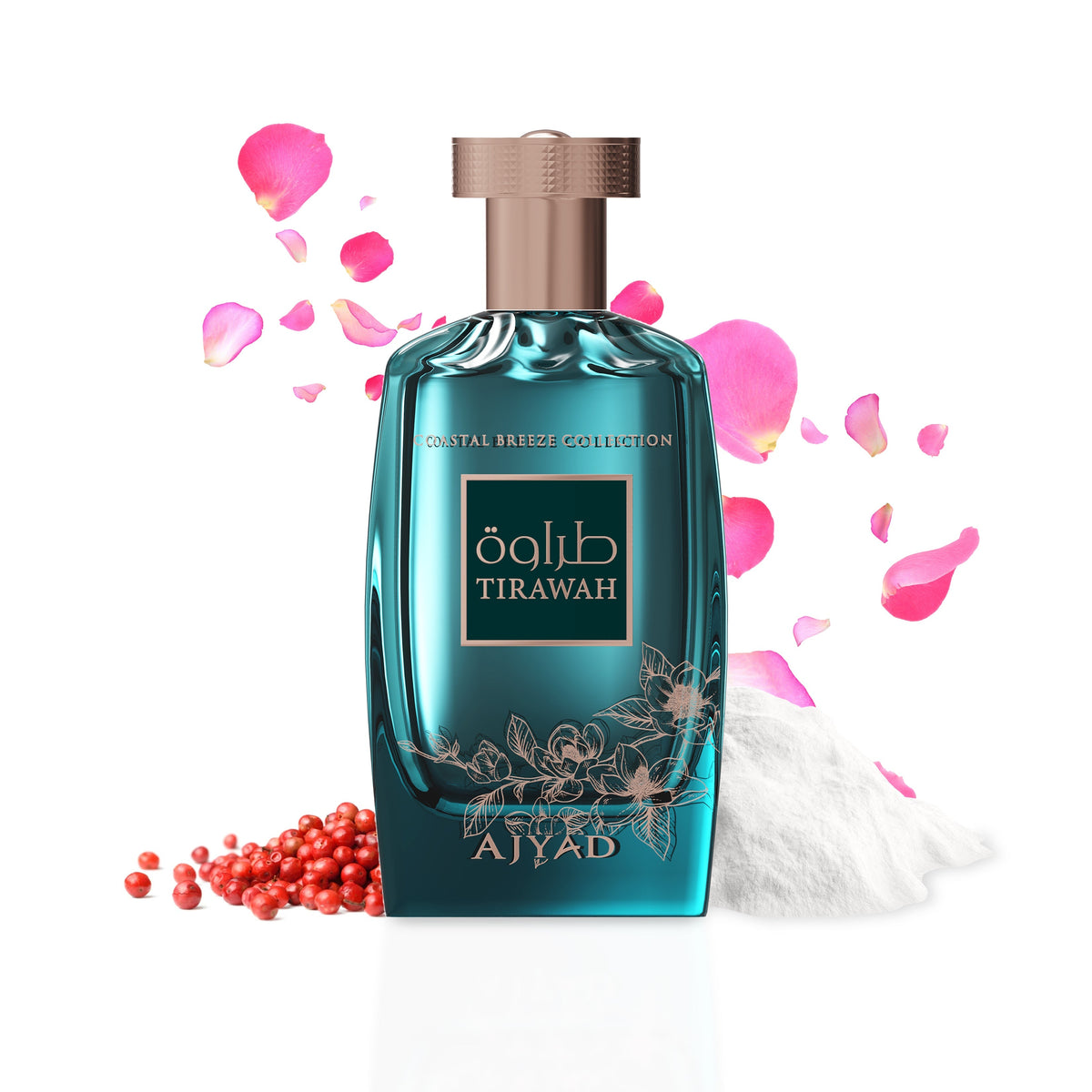 Ajyad Tirawah turquoise perfume bottle with rose petals and pink pepper styling