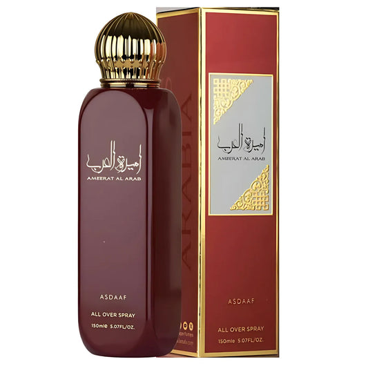 Perfume bottle and packaging of Ameerat Al Arab Asdaaf body all over spray on a white background