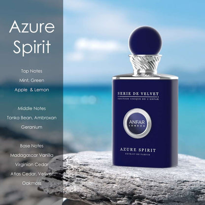 Anfar London Azure Spirit extrait de parfum from the Serie de Velvet collection displayed by the sea with fragrance notes including mint, green apple, lemon, tonka bean, vanilla, cedar, vetiver, and oakmoss.