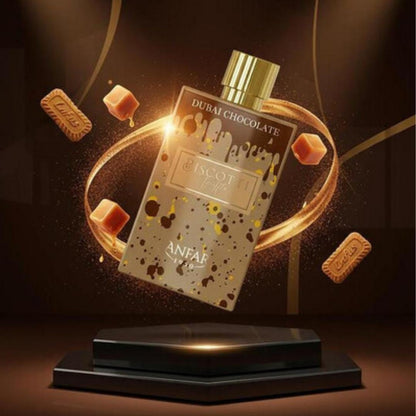 Anfar Biscotti Truffle Dubai Chocolate Extrait De Parfum luxury perfume bottle with caramel cubes and biscotti biscuits in a premium golden product display.