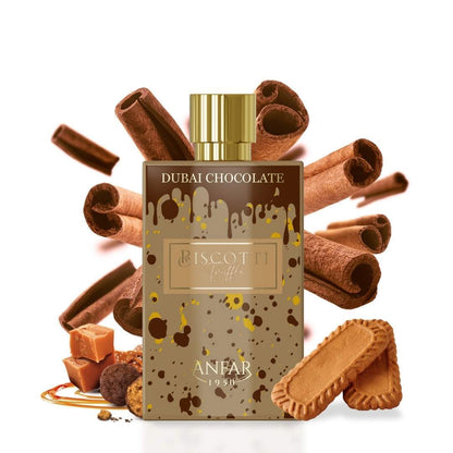 Anfar Biscotti Truffle Dubai Chocolate Extrait De Parfum luxury perfume bottle with caramel cubes and biscotti cookies in a dramatic golden product display.