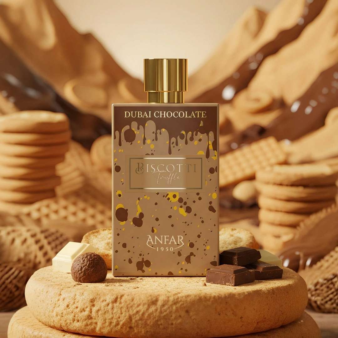 Anfar Biscotti Truffle Dubai Chocolate perfume bottle surrounded by cookies and chocolate pieces, luxury gourmand extrait de parfum inspired by sweet dessert notes.
