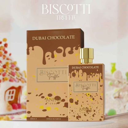 Anfar Biscotti Truffle Dubai Chocolate Extrait De Parfum bottle with packaging box, luxury gourmand fragrance inspired by chocolate, caramel and biscuit notes.