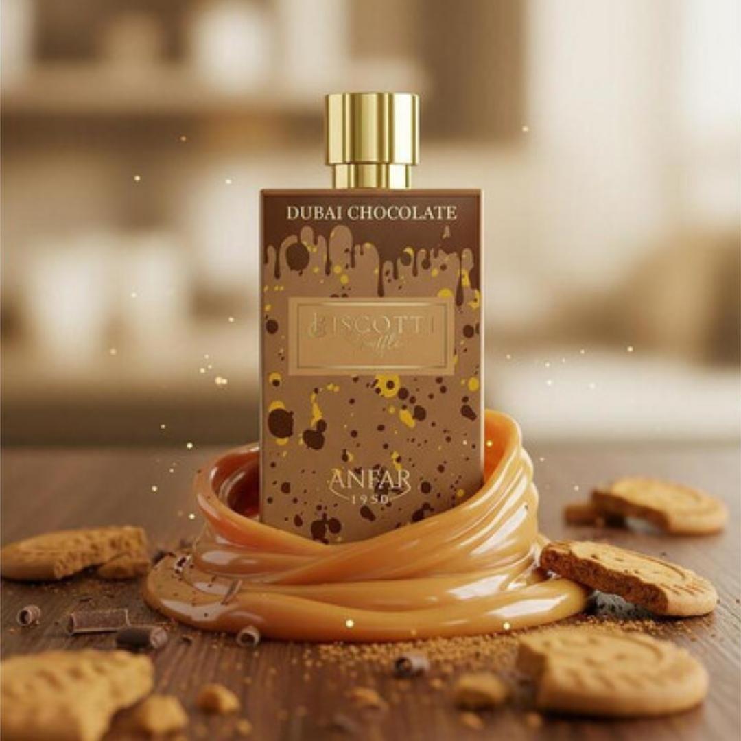 Anfar Biscotti Truffle Dubai Chocolate Extrait De Parfum bottle surrounded by caramel sauce and biscuit cookies, a sweet gourmand perfume with chocolate and caramel notes.