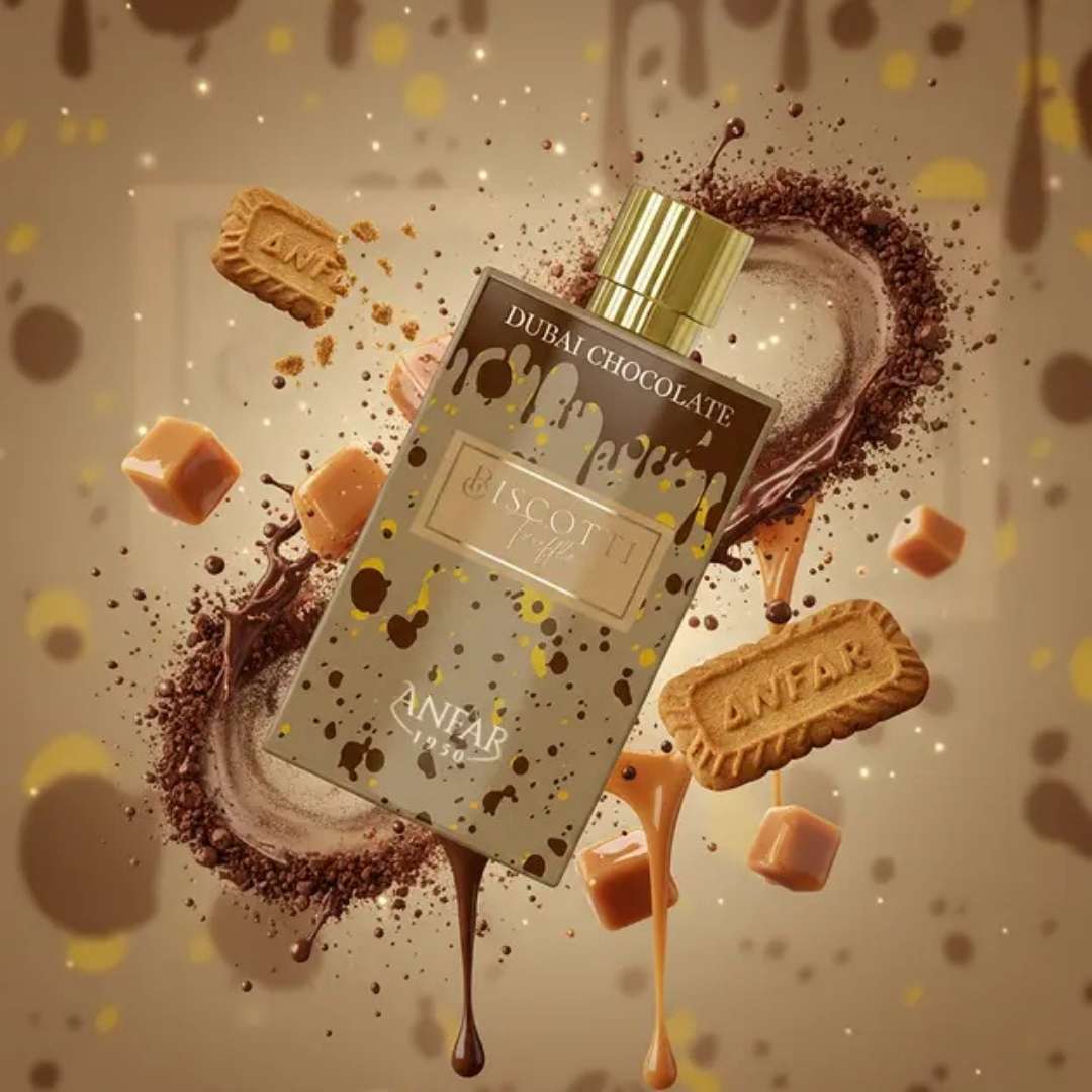 Anfar Biscotti Truffle Dubai Chocolate perfume bottle surrounded by caramel cubes, chocolate splashes and biscotti biscuits, showcasing a sweet gourmand fragrance.