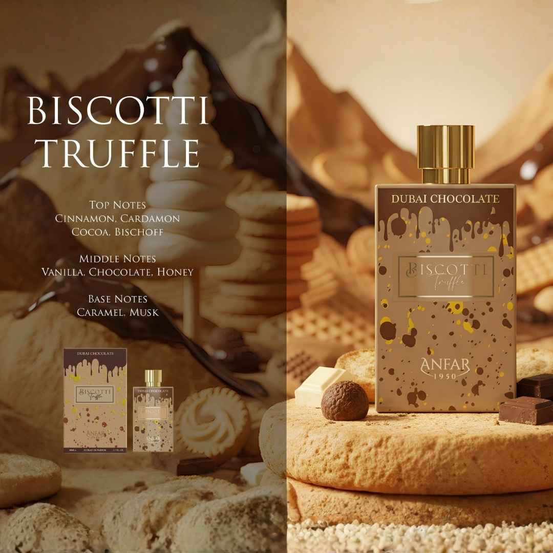Anfar Biscotti Truffle Dubai Chocolate perfume with biscuit, vanilla, chocolate and caramel notes displayed with cookies and dessert ingredients.