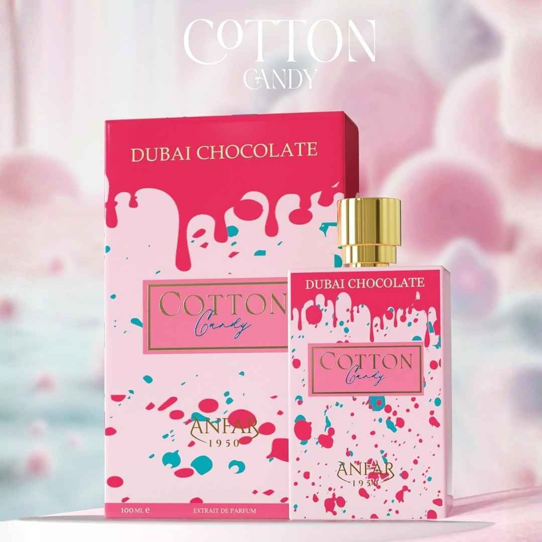 Anfar Cotton Candy Dubai Chocolate Extrait De Parfum bottle with matching pink packaging box, sweet cotton candy inspired gourmand fragrance.