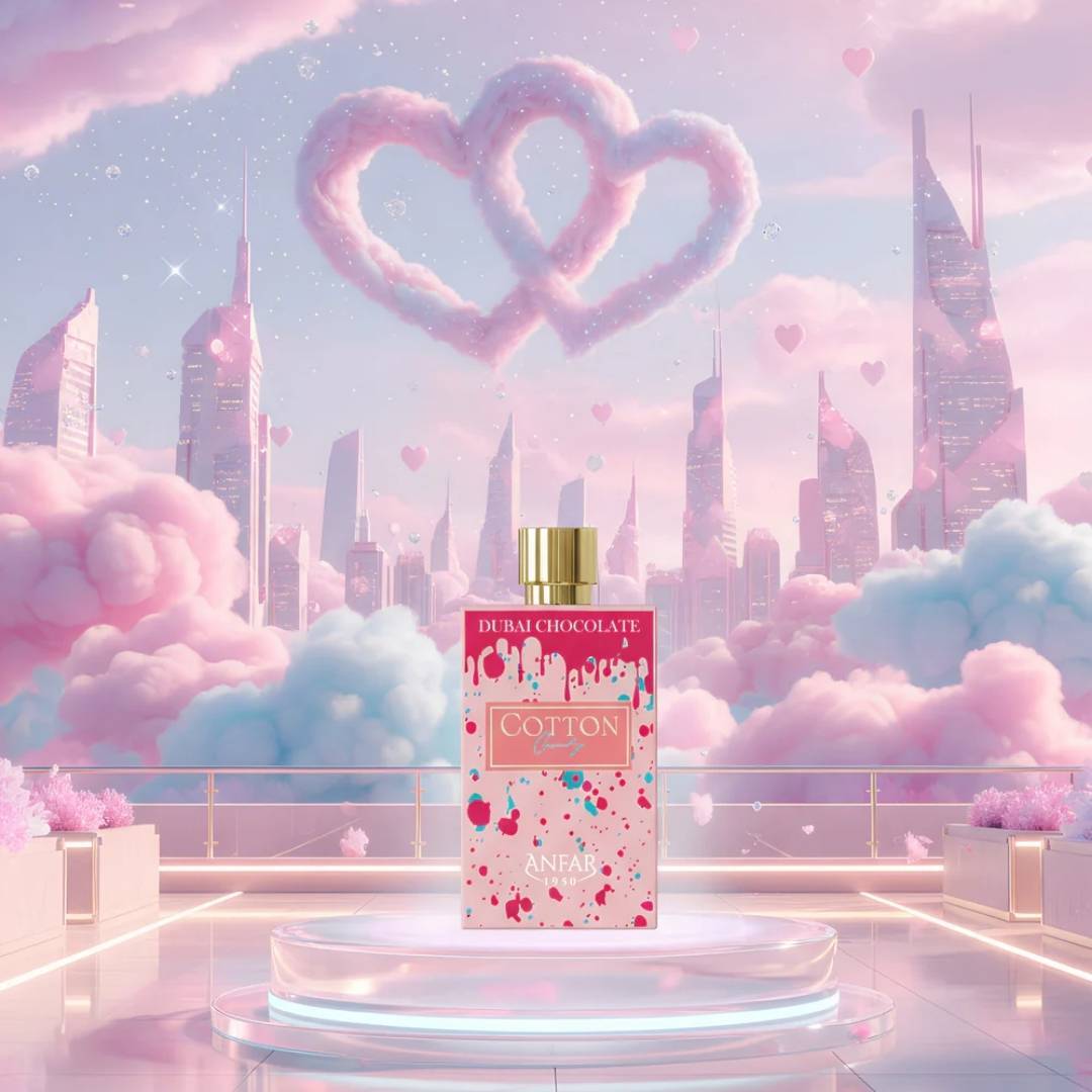 Anfar Cotton Candy Dubai Chocolate perfume displayed on a podium with a dreamy pink fantasy skyline and heart-shaped clouds, representing a sweet cotton candy gourmand fragrance.