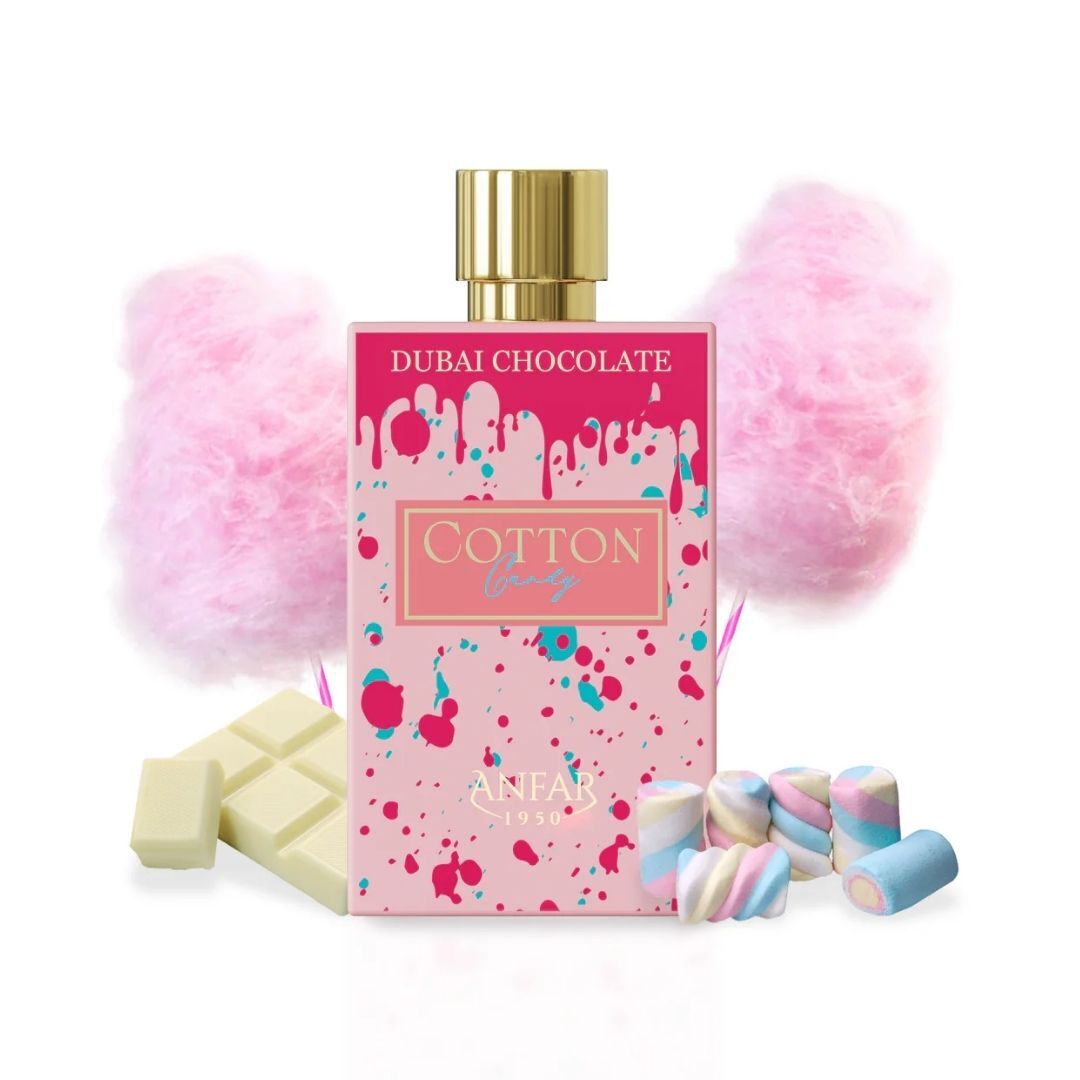 Anfar Cotton Candy Dubai Chocolate perfume bottle with cotton candy, marshmallows and white chocolate pieces, a sweet gourmand fragrance inspired by candy notes.