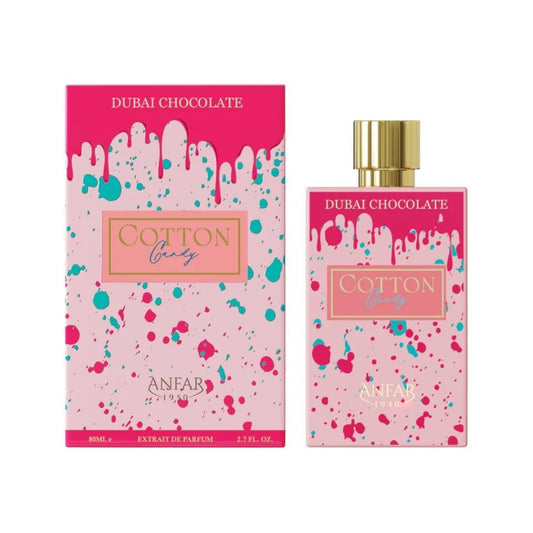Anfar Cotton Candy Dubai Chocolate Extrait De Parfum bottle with packaging box, pink sweet gourmand fragrance inspired by cotton candy notes.