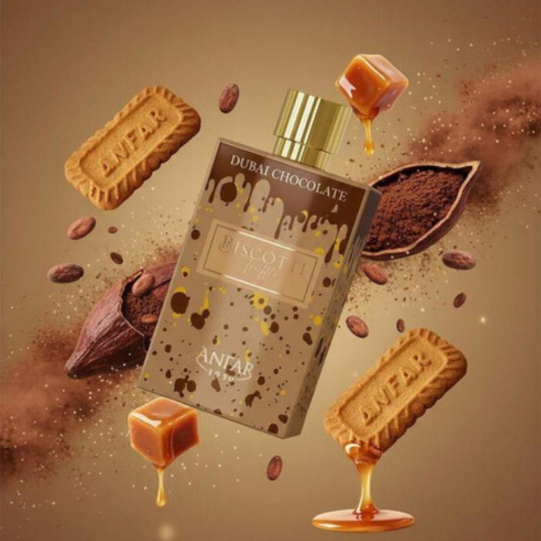 Anfar Biscotti Truffle Dubai Chocolate perfume bottle with caramel cubes, cacao pods and biscuit cookies highlighting sweet gourmand fragrance notes.
