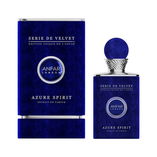 Anfar London Azure Spirit extrait de parfum from Serie de Velvet collection featuring deep blue velvet bottle and luxury packaging.