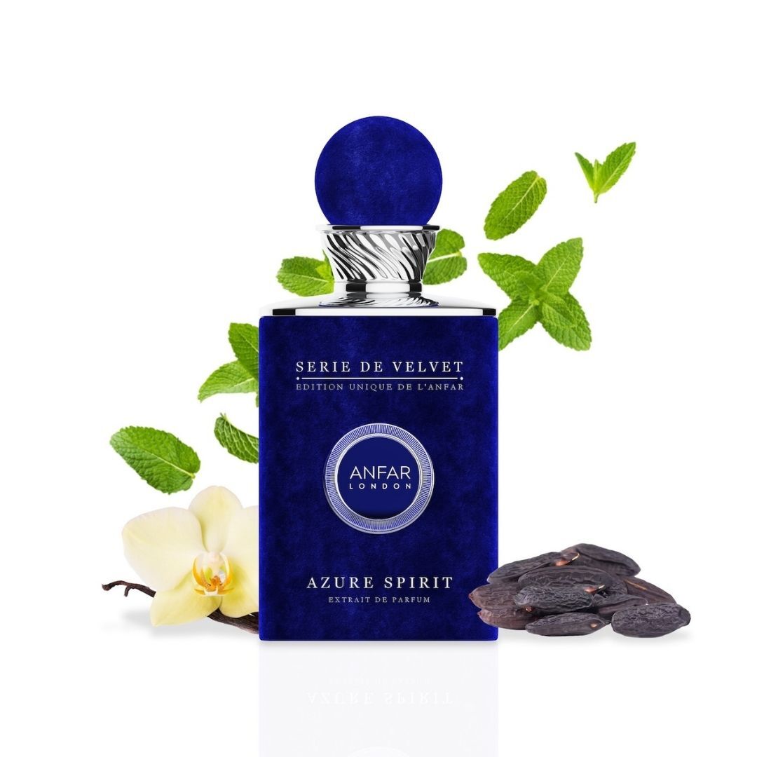Anfar London Azure Spirit luxury extrait de parfum from the Serie de Velvet collection with deep blue velvet bottle design.