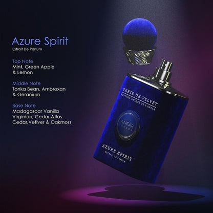 Anfar London Azure Spirit extrait de parfum from the Serie de Velvet collection showing fragrance notes of mint, green apple, lemon, tonka bean, ambroxan, geranium, vanilla, cedar, vetiver, and oakmoss.