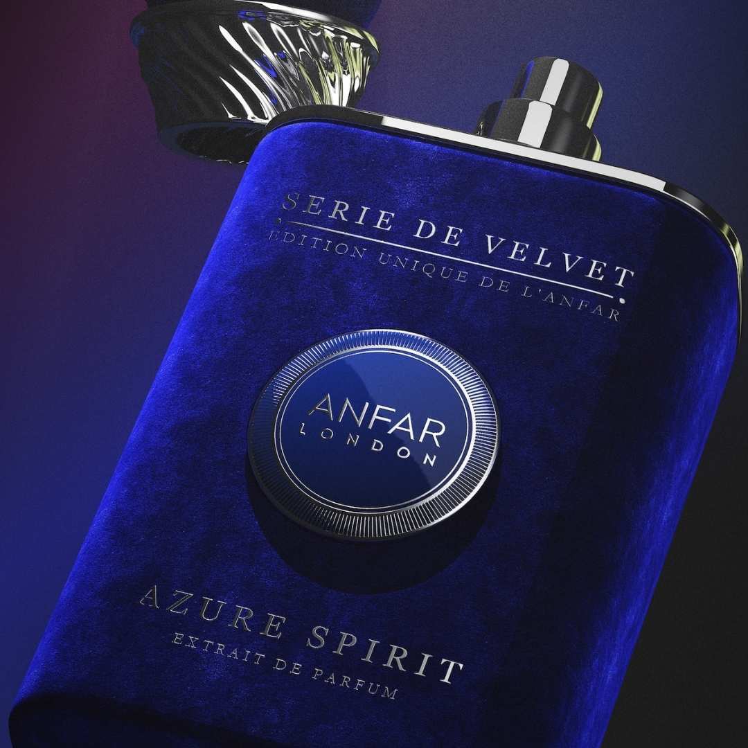 Anfar London Azure Spirit extrait de parfum from the Serie de Velvet collection featuring luxury deep blue velvet bottle and silver cap design.