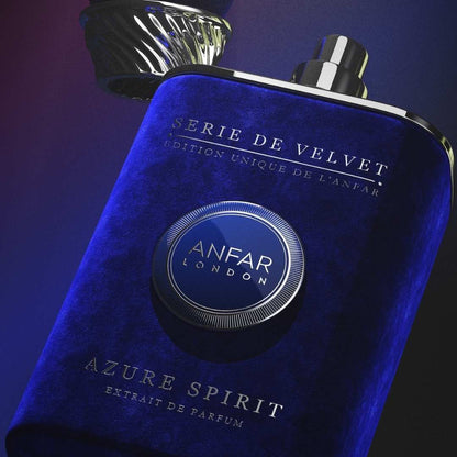 Anfar London Azure Spirit extrait de parfum from the Serie de Velvet collection featuring luxury deep blue velvet bottle and silver cap design.