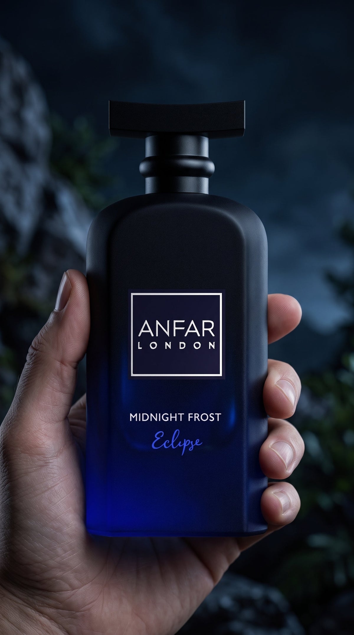 Anfar London Midnight Frost Eclipse 100ml Extrait de Parfum bottle held in hand