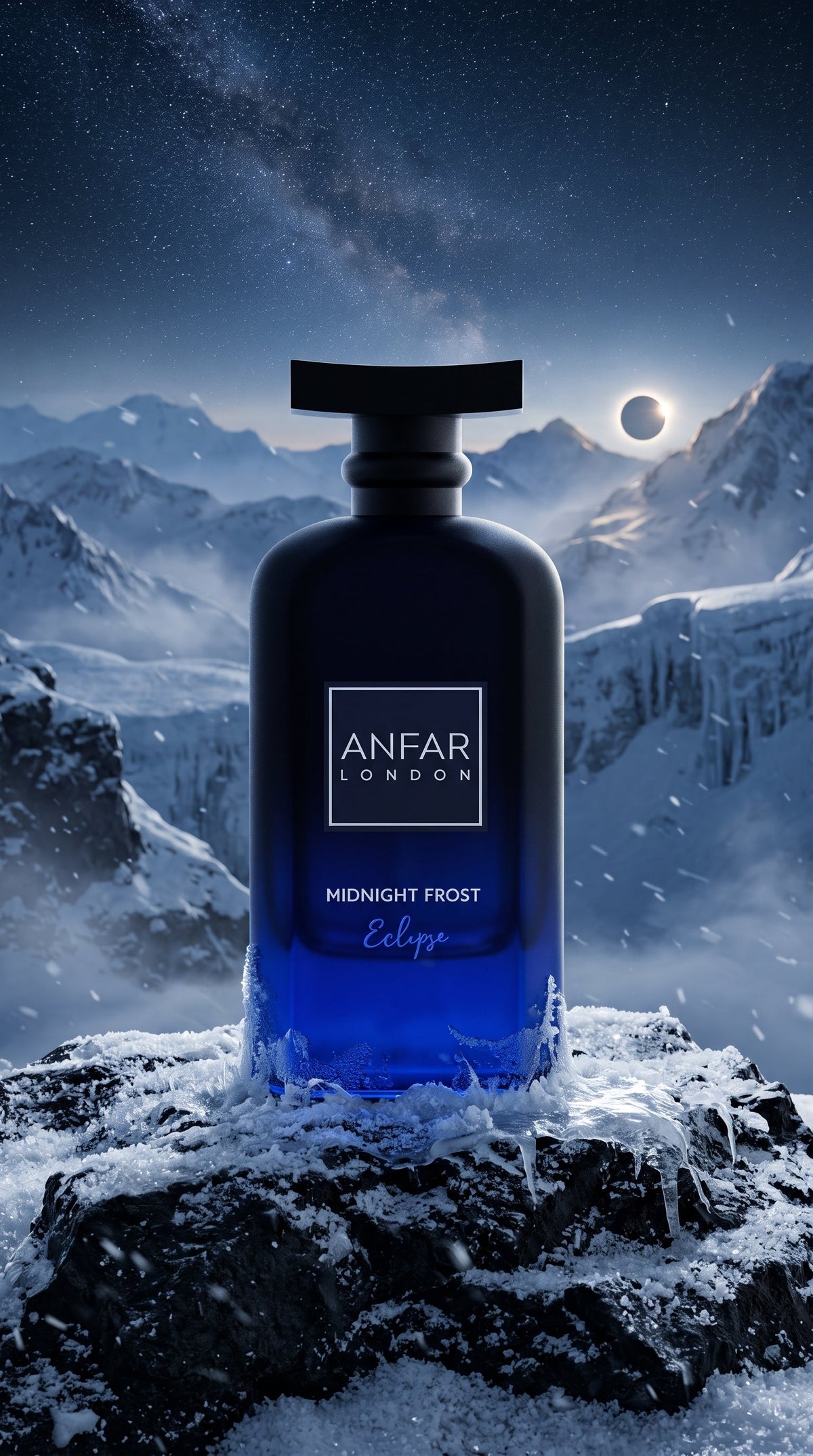 Anfar London Midnight Frost Eclipse 100ml Extrait de Parfum bottle on snowy volcanic rock