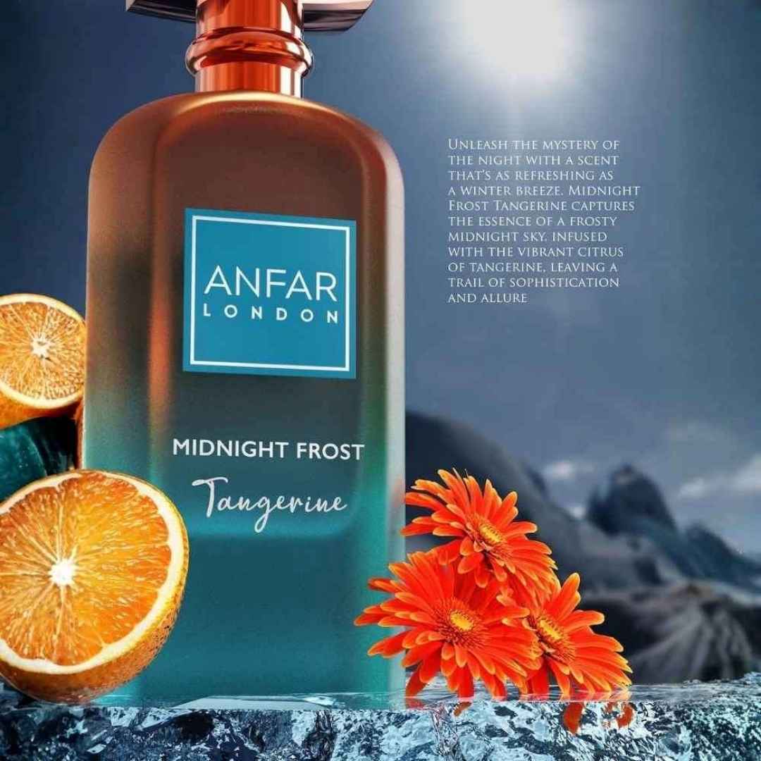 Anfar London Midnight Frost Tangerine extrait de parfum with fresh citrus tangerine slices and orange flowers highlighting the fragrance inspiration.