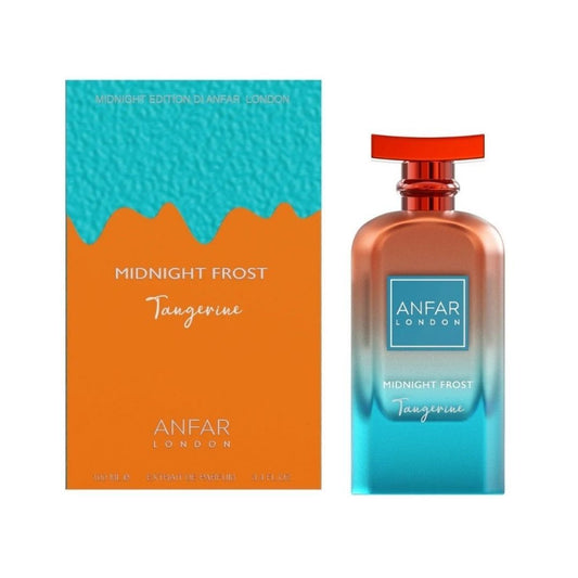 Anfar London Midnight Frost Tangerine extrait de parfum from the Midnight Edition collection featuring a vibrant orange and turquoise luxury perfume bottle and box.
