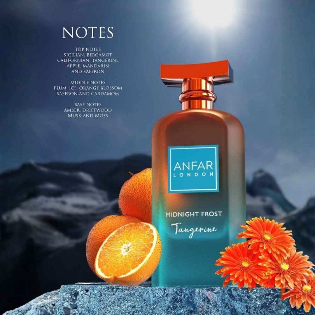Anfar London Midnight Frost Tangerine extrait de parfum with citrus fragrance notes including bergamot, tangerine, mandarin, orange blossom, saffron, amber, musk and moss.