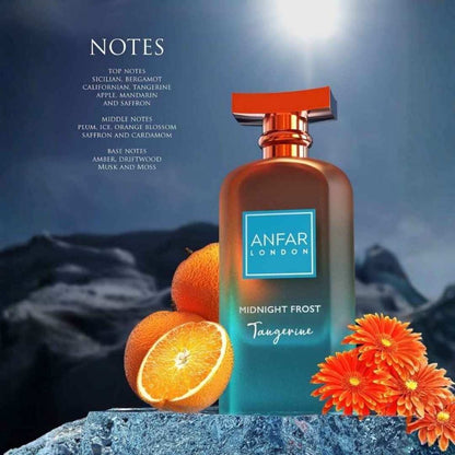 Anfar London Midnight Frost Tangerine extrait de parfum with citrus fragrance notes including bergamot, tangerine, mandarin, orange blossom, saffron, amber, musk and moss.