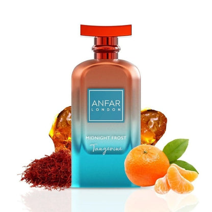 Anfar London Midnight Frost Tangerine extrait de parfum with tangerine, saffron, and amber fragrance notes displayed beside the luxury citrus-inspired perfume bottle and vibrant floral accents.