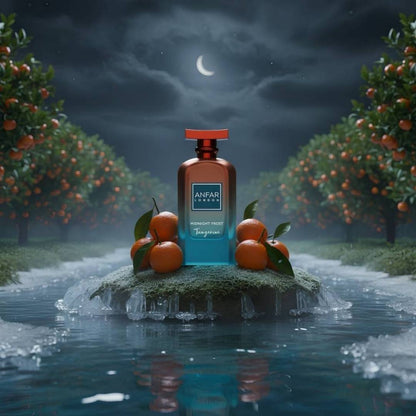 Anfar London Midnight Frost Tangerine extrait de parfum displayed in a moonlit orange orchard with fresh tangerines, highlighting the citrus fragrance inspiration.