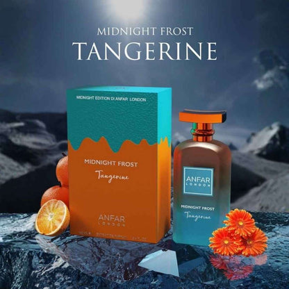 Anfar London Midnight Frost Tangerine extrait de parfum with luxury box packaging, fresh tangerines and floral notes displayed in a dramatic mountain night setting.