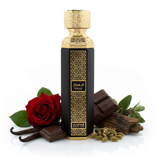 Anfar Masar perfume bottle presented with rose, chocolate, vanilla and oud