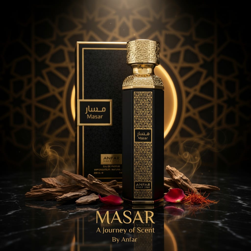 Anfar Masar black and gold bottle and box in an evening presentation