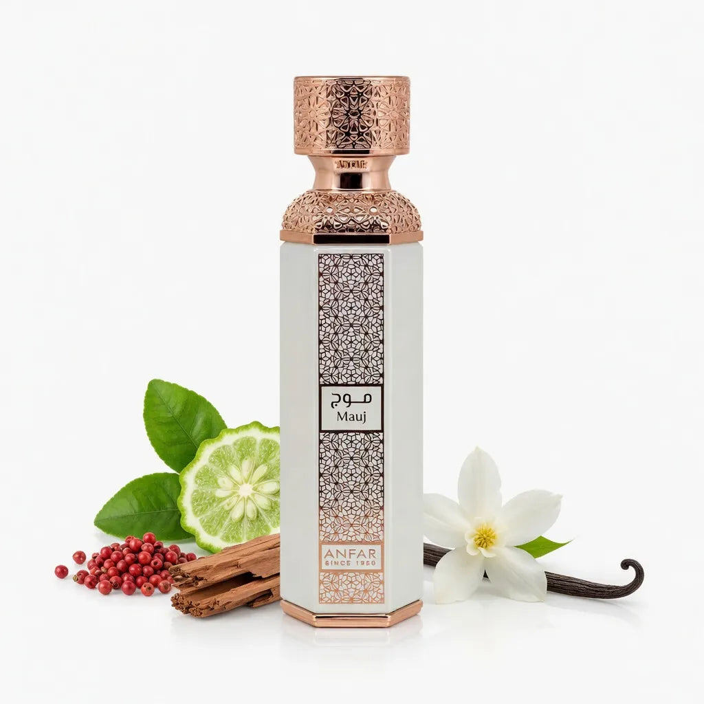 Anfar Mauj perfume bottle with decorative citrus and flowers