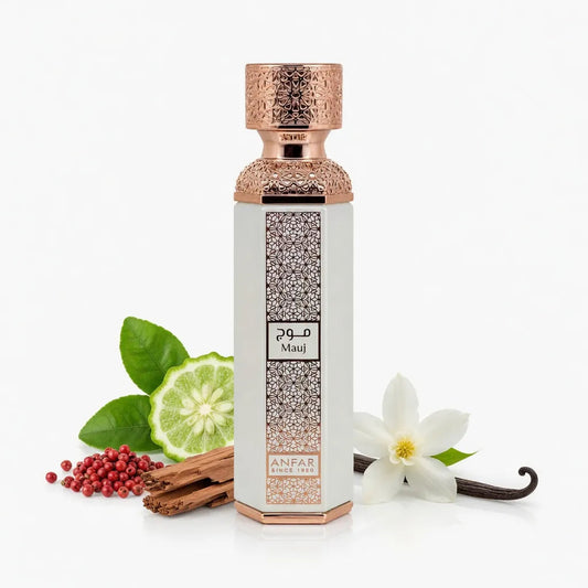 Anfar Mauj perfume bottle with decorative citrus and flowers