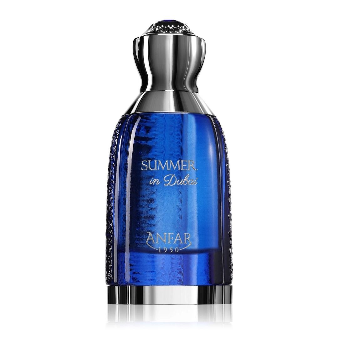Anfar Summer in Dubai extrait de parfum blue bottle fragrance by Anfar 1950, luxury Arabian perfume inspired by summer in Dubai.