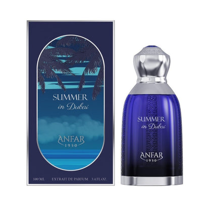 Anfar Summer in Dubai extrait de parfum 100ml featuring deep blue bottle and luxury packaging with tropical palm design, Arabian fragrance by Anfar 1950.