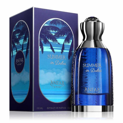 Anfar Summer in Dubai extrait de parfum 100ml with blue bottle and tropical palm packaging, luxury Arabian summer fragrance by Anfar 1950.