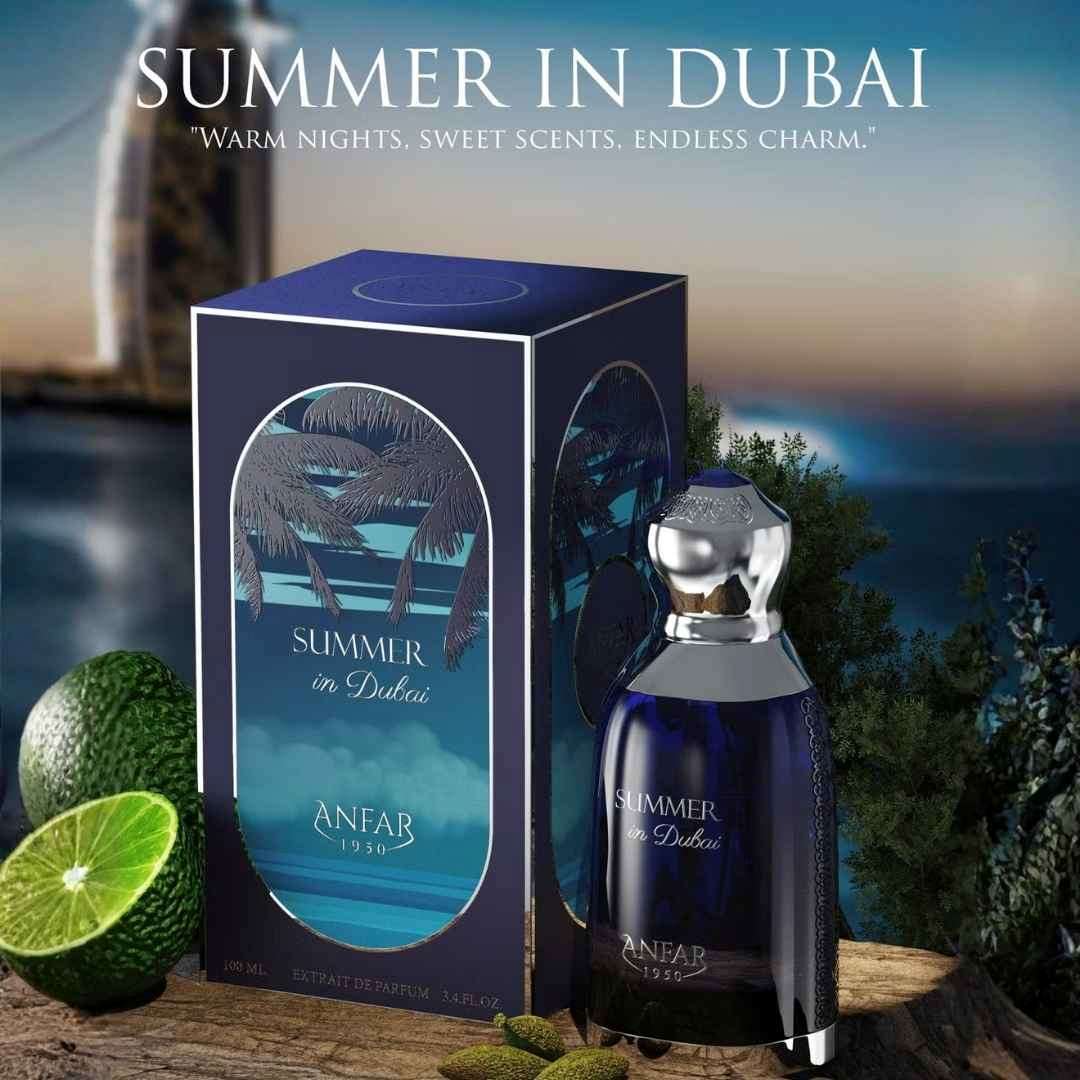 Anfar Summer in Dubai extrait de parfum with luxury blue bottle and box displayed with citrus fruits and Dubai skyline, Arabian summer fragrance by Anfar 1950.
