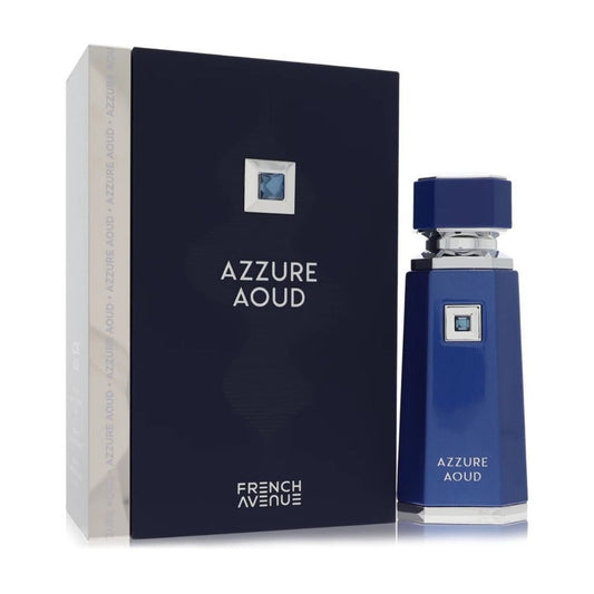 French Avenue Azzure Aoud luxury perfume bottle with matching blue box packaging, showcasing an elegant oud fragrance design for premium Arabian perfumery.