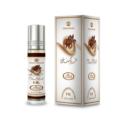 A 6 ml bottle of Crown Perfumes Choco Musk concentrated perfume next to its white and gold packaging box, featuring a coffee bean illustration and Arabic text.