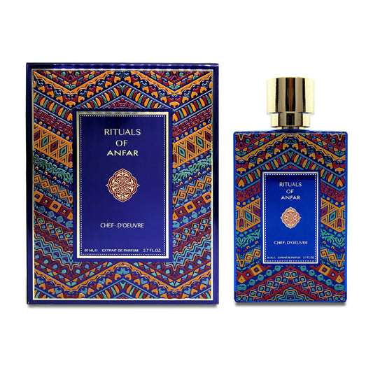 Chef-D'Oeuvre 80ml Rituals Of Anfar Perfume bottle and packaging with 'Rituals of Anfar' design on a white background