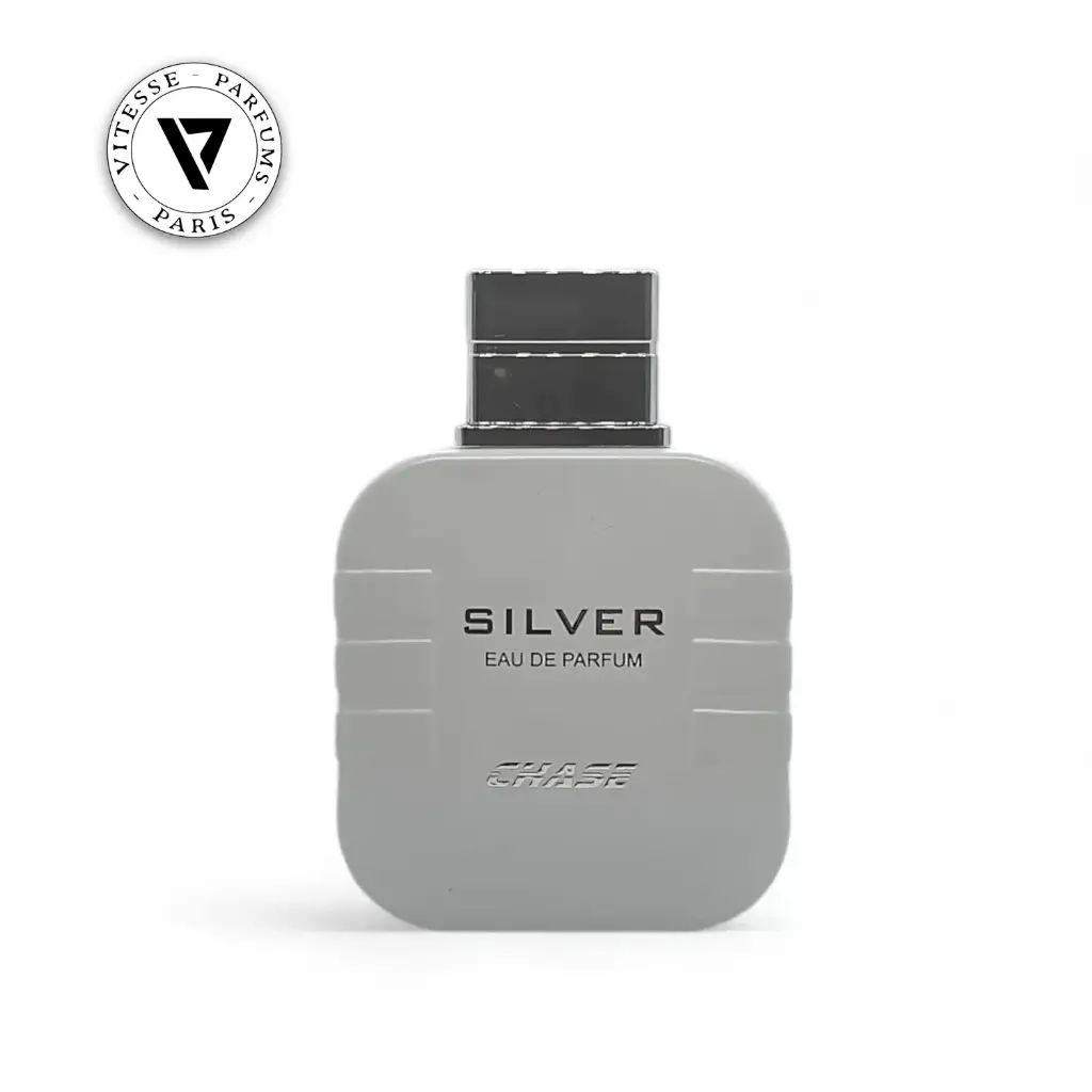 White perfume bottle labeled 'Chase Silver' by Vitesse Parfums on a white background