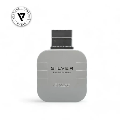 White perfume bottle labeled 'Chase Silver' by Vitesse Parfums on a white background