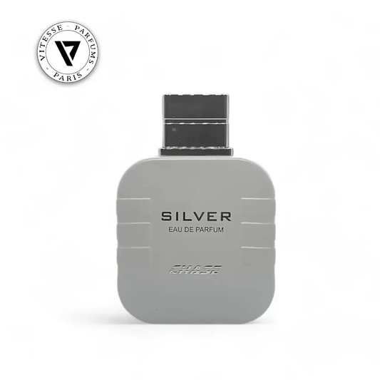 White perfume bottle labeled 'Chase Silver' by Vitesse Parfums on a white background
