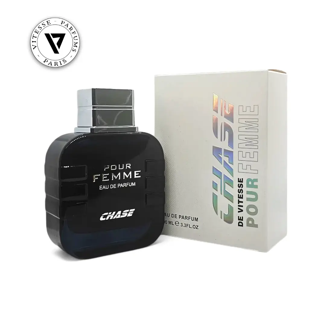 Black perfume bottle and packaging of Chase Pour Femme Eau de Parfum on a white background Addict