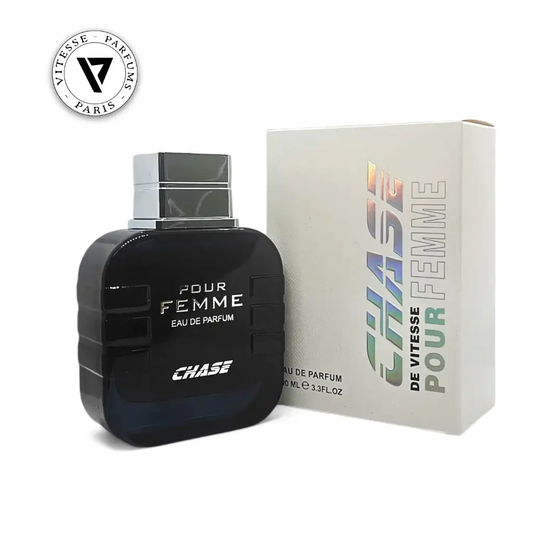 Black perfume bottle and packaging of Chase Pour Femme Eau de Parfum on a white background Addict