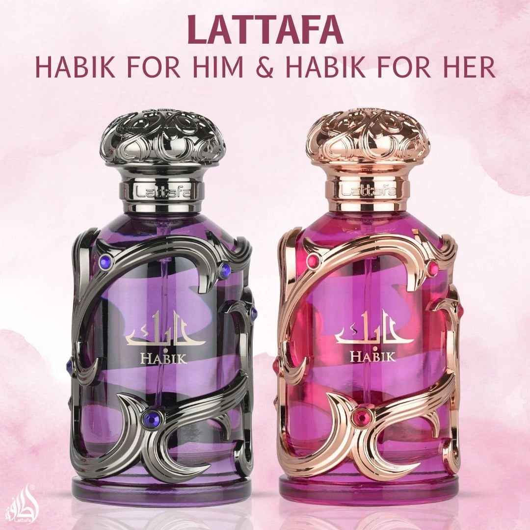 Lattafa Habik for Him and Habik for Her luxury perfume bottles displayed side by side, featuring purple and pink ornate fragrance designs for men and women.