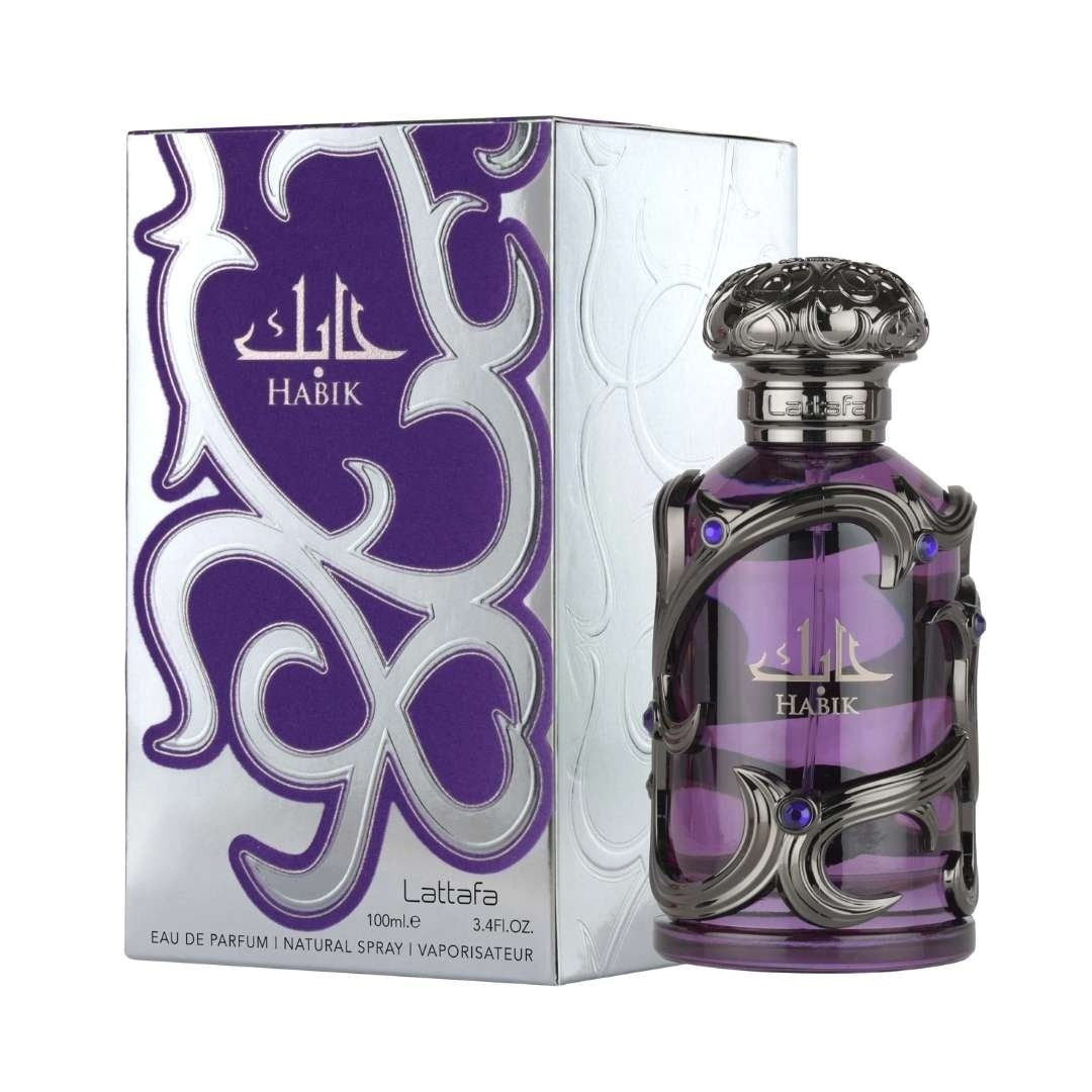Lattafa Habik for Him men's perfume bottle in purple glass with silver detailing displayed beside its purple and silver luxury packaging box.