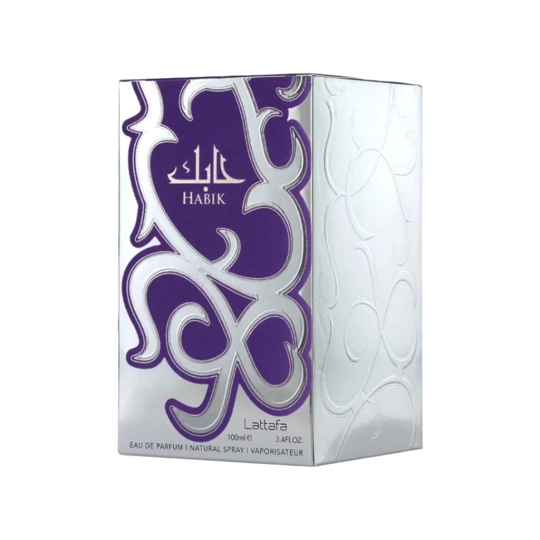 Lattafa Habik for Him perfume box packaging in silver and purple design for 100ml eau de parfum, showcasing the elegant men's fragrance presentation.